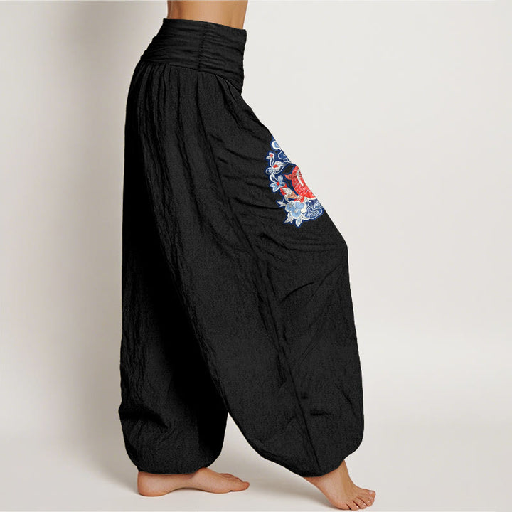 Pantalon harem à taille élastique pour femme, en pur coton, orné de motifs de carpes koï et de fleurs, Buddha Stones - image 7