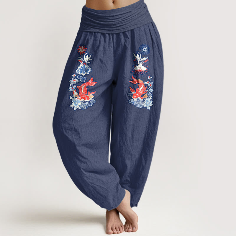 Pantalon harem à taille élastique pour femme, en pur coton, orné de motifs de carpes koï et de fleurs, Buddha Stones - Bleu ardoise foncé - US16，UK/AU20，EU48 (3XL) - image 8