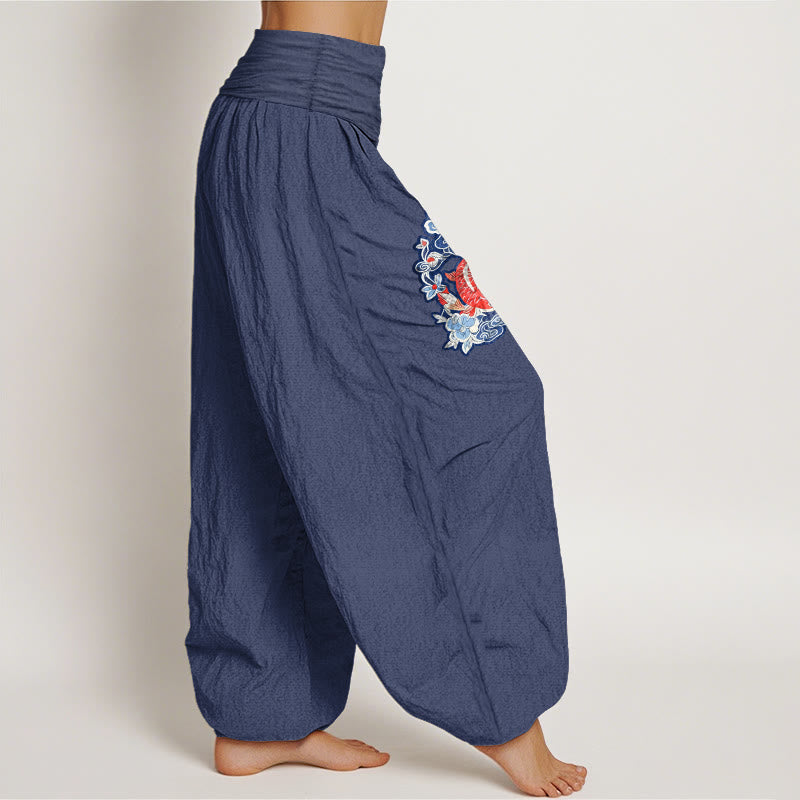 Pantalon harem à taille élastique pour femme, en pur coton, orné de motifs de carpes koï et de fleurs, Buddha Stones - image 10