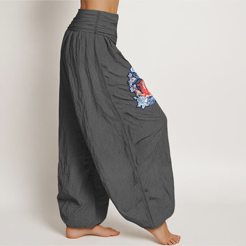 Pantalon harem à taille élastique pour femme, en pur coton, orné de motifs de carpes koï et de fleurs, Buddha Stones - image 13