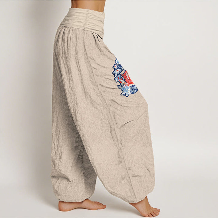 Pantalon harem à taille élastique pour femme, en pur coton, orné de motifs de carpes koï et de fleurs, Buddha Stones - image 16