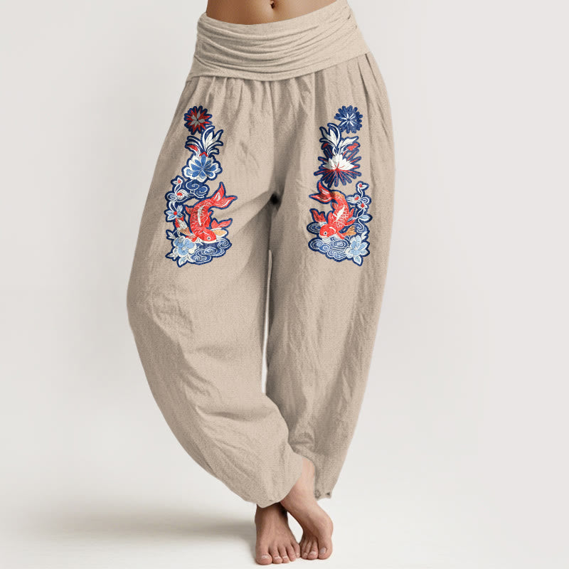 Pantalon harem à taille élastique pour femme, en pur coton, orné de motifs de carpes koï et de fleurs, Buddha Stones - Tanné - US16，UK/AU20，EU48 (3XL) - image 14