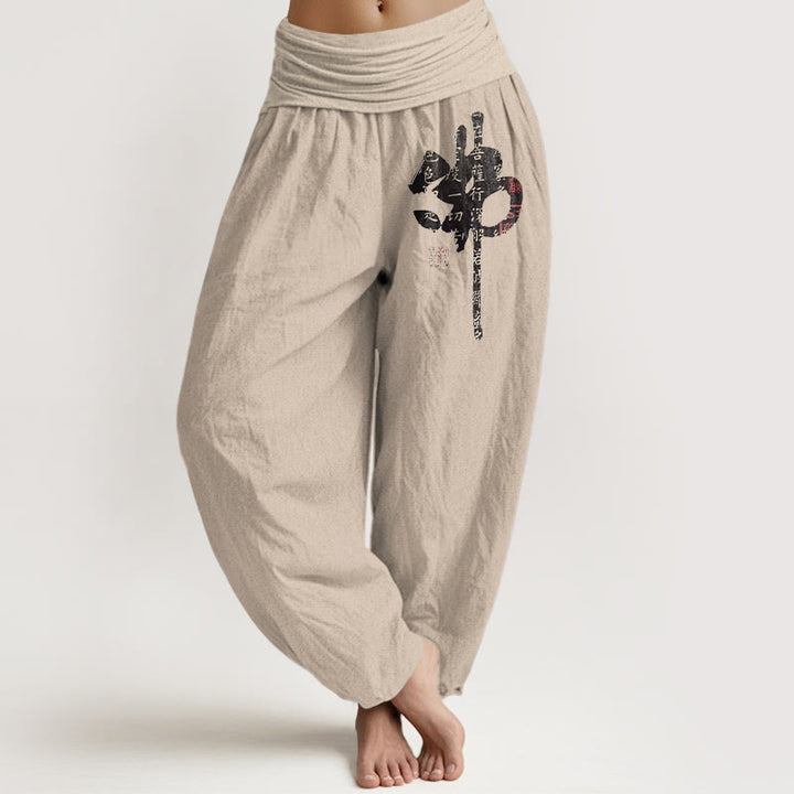 Pantalon harem pour femme en pur coton avec Buddha Stones et caractères chinois, taille élastique - Tanné - US16，UK/AU20，EU48 (3XL) - image 0