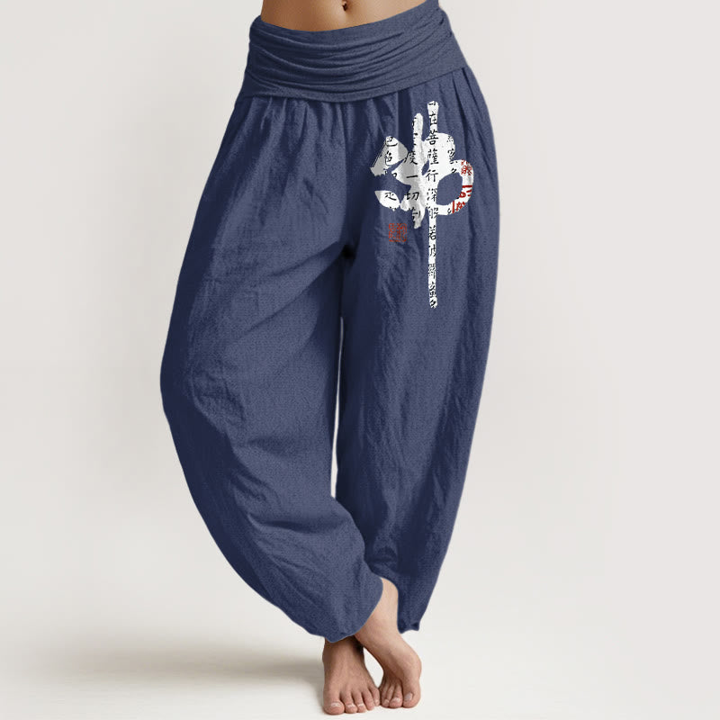 Pantalon harem pour femme en pur coton avec Buddha Stones et caractères chinois, taille élastique - Bleu ardoise foncé - US16，UK/AU20，EU48 (3XL) - image 8