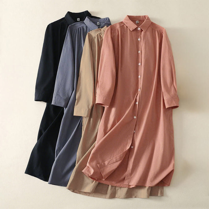 Robe midi en coton à manches longues et poches, couleur unie, motif Buddha Stones, automne - image 0