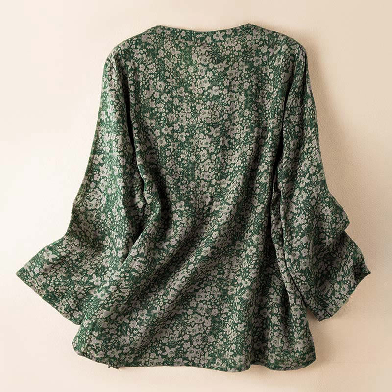 Chemise à manches longues pour femme, col en V, imprimé floral, motif Buddha Stones - image 1