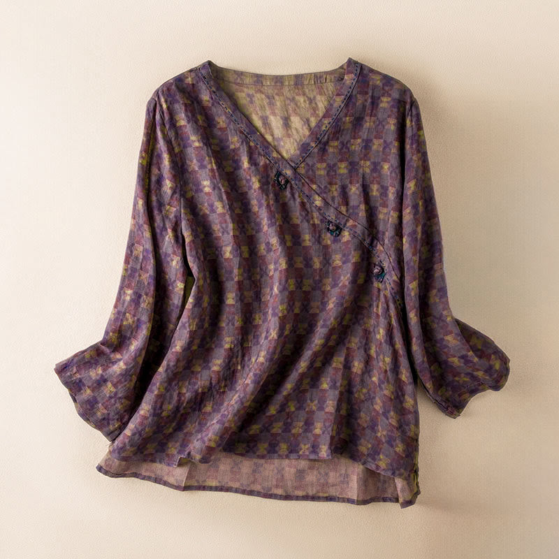Chemise à manches longues pour femme, col en V, imprimé floral, motif Buddha Stones - Magenta foncé - US8-10，UK/AU12-14，EU40-42 (2XL) - image 0