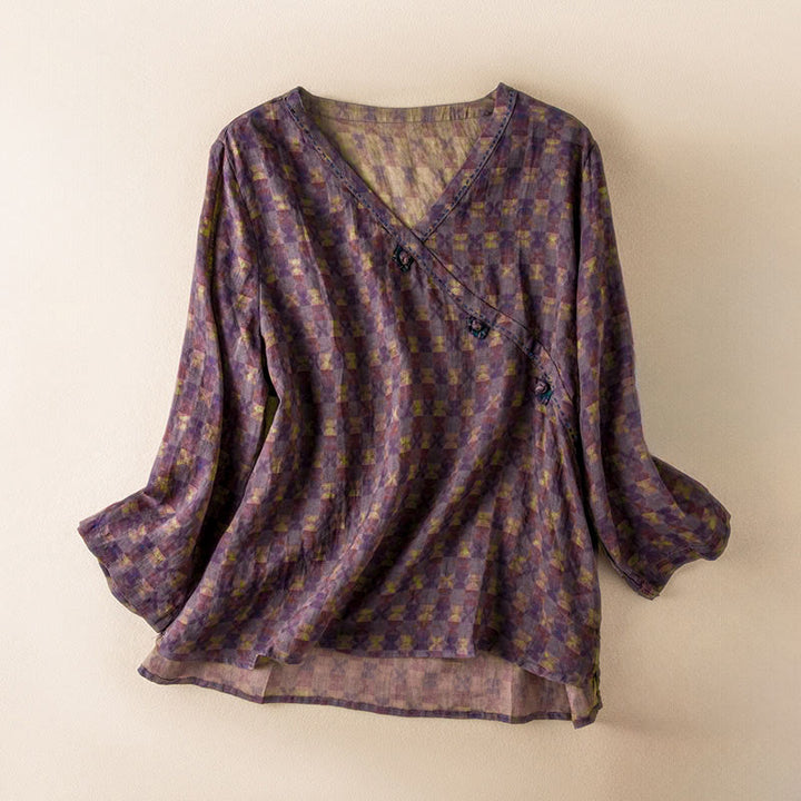 Chemise à manches longues pour femme, col en V, imprimé floral, motif Buddha Stones - Magenta foncé - US8-10，UK/AU12-14，EU40-42 (2XL) - image 4