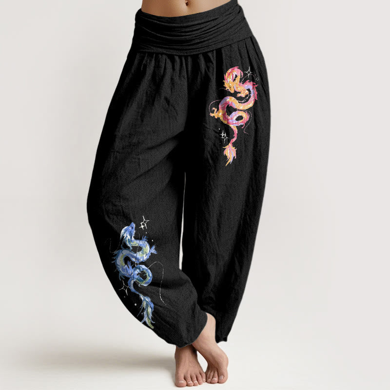Pantalon harem pour femme en pur coton à motif dragon et Buddha Stones, taille élastique - Noir - US16，UK/AU20，EU48 (3XL) - image 0
