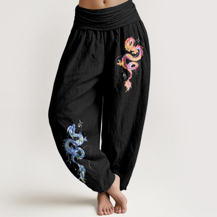 Pantalon harem pour femme en pur coton à motif dragon et Buddha Stones, taille élastique - Noir - US16，UK/AU20，EU48 (3XL) - image 0