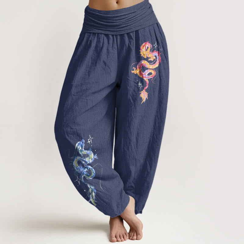 Pantalon harem pour femme en pur coton à motif dragon et Buddha Stones, taille élastique - Bleu ardoise foncé - US16，UK/AU20，EU48 (3XL) - image 5