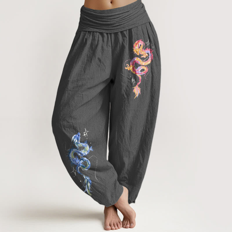 Pantalon harem pour femme en pur coton à motif dragon et Buddha Stones, taille élastique - Gris sombre - US16，UK/AU20，EU48 (3XL) - image 8