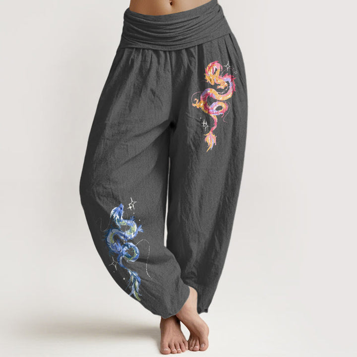 Pantalon harem pour femme en pur coton à motif dragon et Buddha Stones, taille élastique - Gris sombre - US16，UK/AU20，EU48 (3XL) - image 8