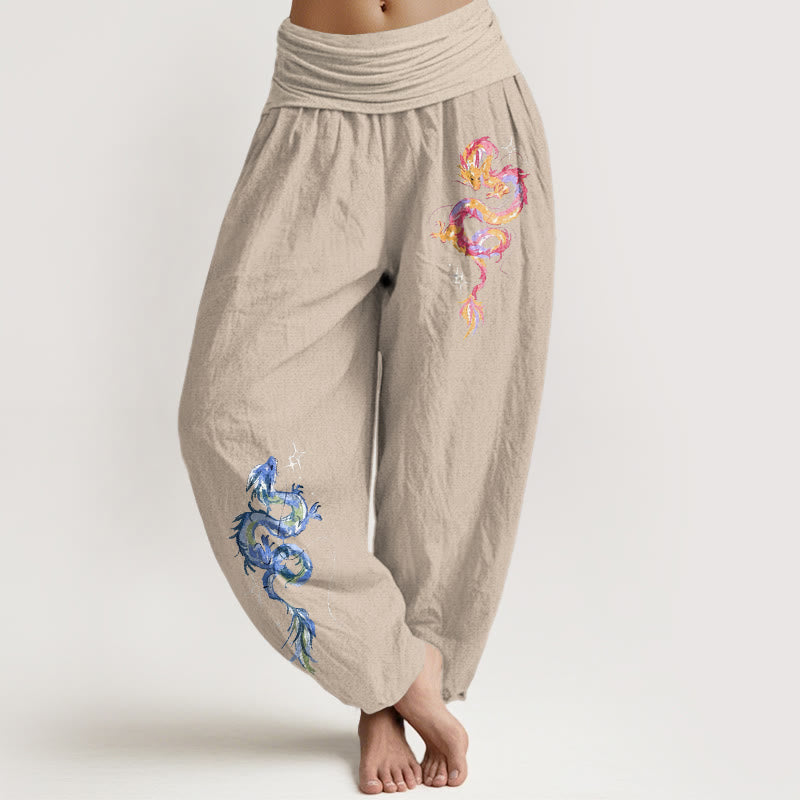 Pantalon harem pour femme en pur coton à motif dragon et Buddha Stones, taille élastique - Tanné - US16，UK/AU20，EU48 (3XL) - image 11