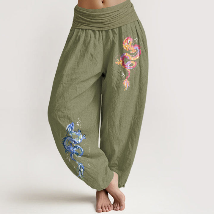Pantalon harem pour femme en pur coton à motif dragon et Buddha Stones, taille élastique - Vert olive - US16，UK/AU20，EU48 (3XL) - image 14