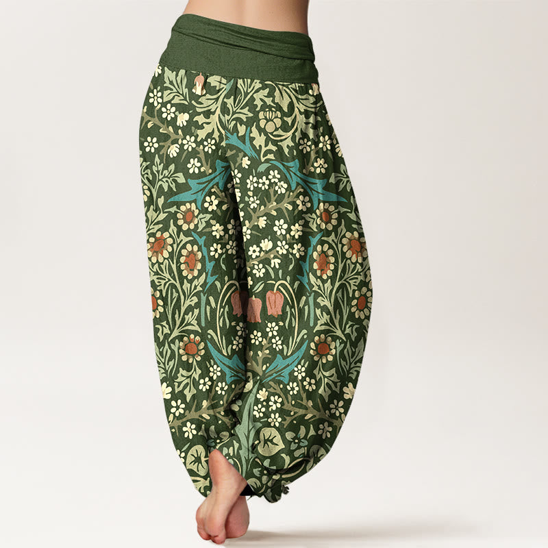 Pantalon harem femme en pur coton à motif rétro de fleurs et feuilles et Buddha Stones, taille élastique - image 1
