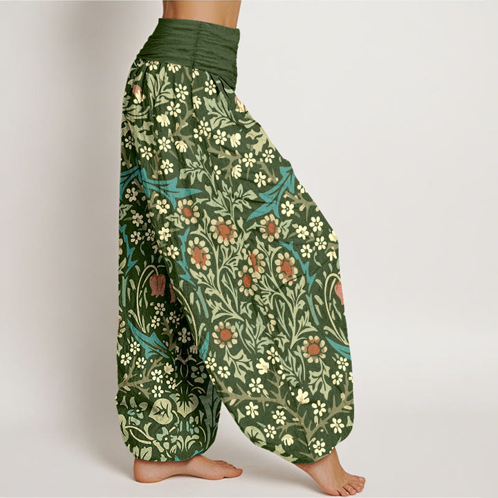 Pantalon harem femme en pur coton à motif rétro de fleurs et feuilles et Buddha Stones, taille élastique - image 2