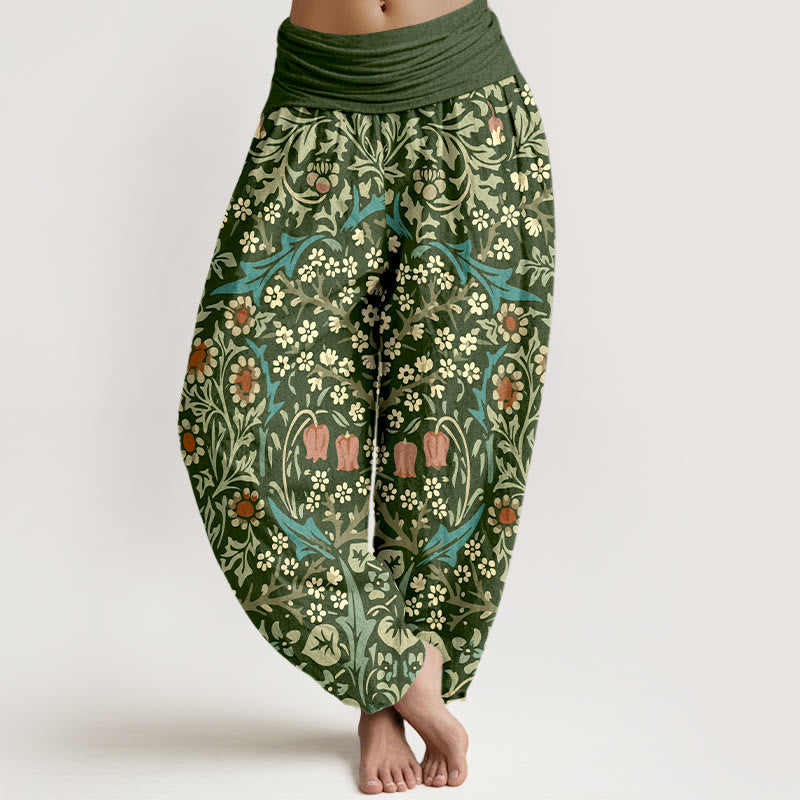 Pantalon harem femme en pur coton à motif rétro de fleurs et feuilles et Buddha Stones, taille élastique - Vert olive foncé - US16，UK/AU20，EU48 (3XL) - image 0