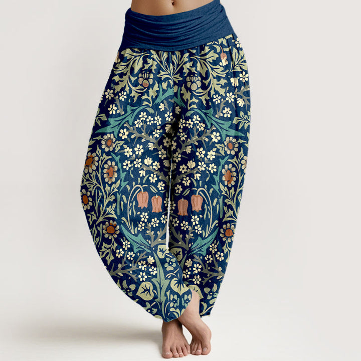 Pantalon harem femme en pur coton à motif rétro de fleurs et feuilles et Buddha Stones, taille élastique - Marine - US16，UK/AU20，EU48 (3XL) - image 5