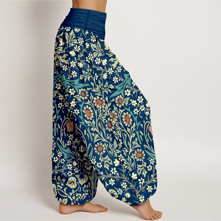 Pantalon harem femme en pur coton à motif rétro de fleurs et feuilles et Buddha Stones, taille élastique - image 7
