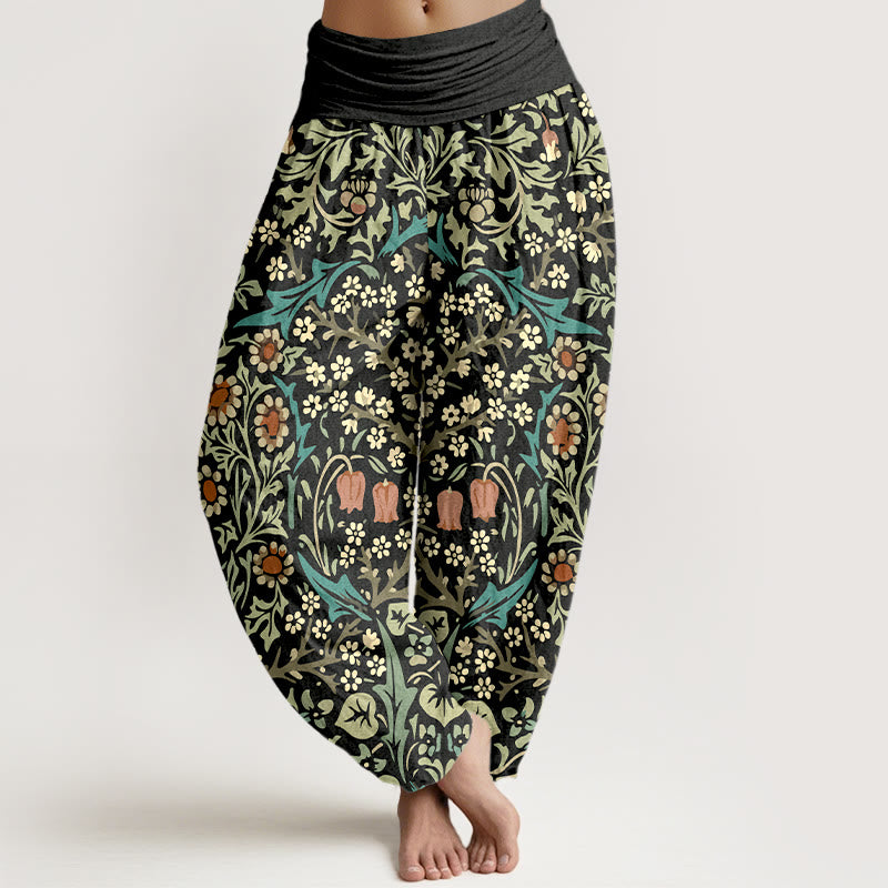 Pantalon harem femme en pur coton à motif rétro de fleurs et feuilles et Buddha Stones, taille élastique - Noir - US16，UK/AU20，EU48 (3XL) - image 8