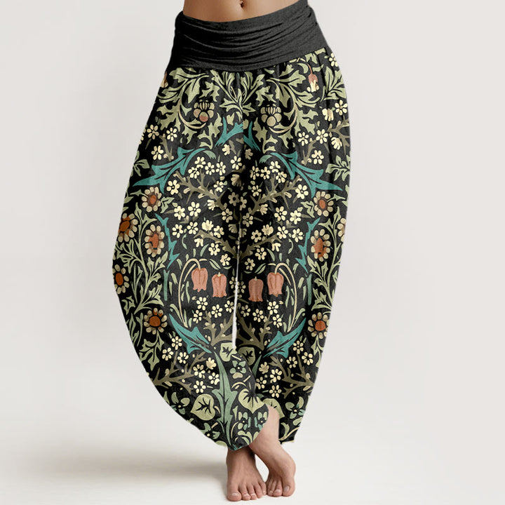 Pantalon harem femme en pur coton à motif rétro de fleurs et feuilles et Buddha Stones, taille élastique - Noir - US16，UK/AU20，EU48 (3XL) - image 8