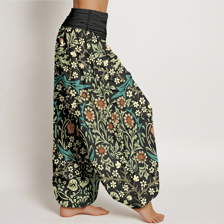 Pantalon harem femme en pur coton à motif rétro de fleurs et feuilles et Buddha Stones, taille élastique - image 10