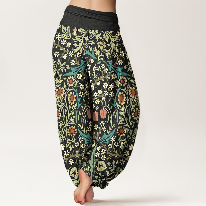 Pantalon harem femme en pur coton à motif rétro de fleurs et feuilles et Buddha Stones, taille élastique - image 9