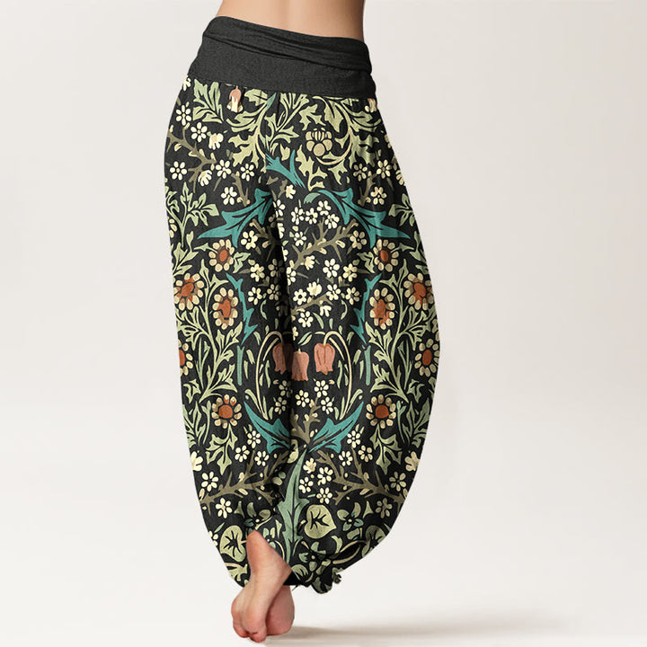 Pantalon harem femme en pur coton à motif rétro de fleurs et feuilles et Buddha Stones, taille élastique - image 9