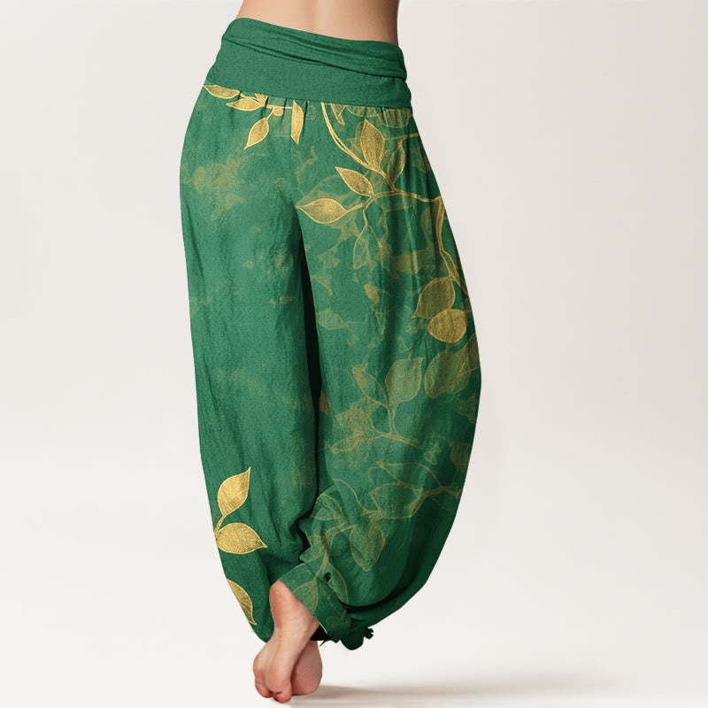 Pantalon harem pour femme en pur coton à motif de feuilles aux couleurs douces, avec taille élastique et motif de Buddha Stones - image 1