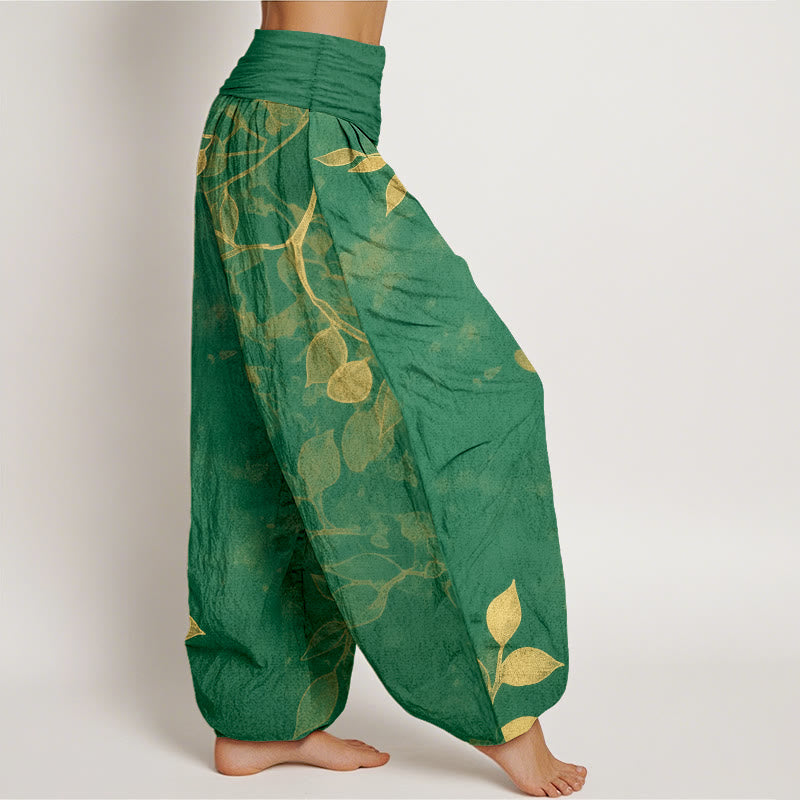 Pantalon harem pour femme en pur coton à motif de feuilles aux couleurs douces, avec taille élastique et motif de Buddha Stones - image 2