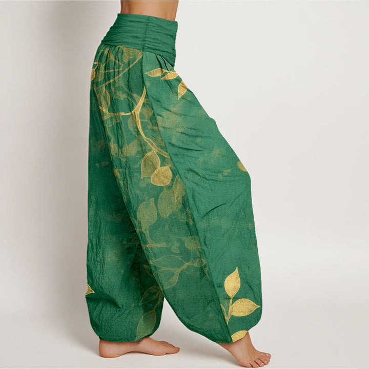 Pantalon harem pour femme en pur coton à motif de feuilles aux couleurs douces, avec taille élastique et motif de Buddha Stones - image 2