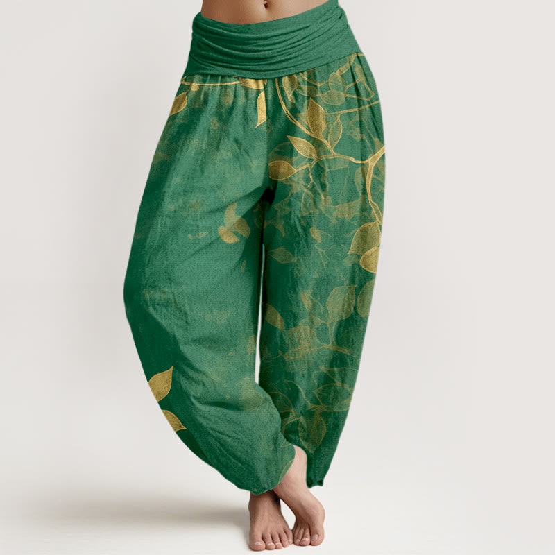 Pantalon harem pour femme en pur coton à motif de feuilles aux couleurs douces, avec taille élastique et motif de Buddha Stones - Vert - US16，UK/AU20，EU48 (3XL) - image 0