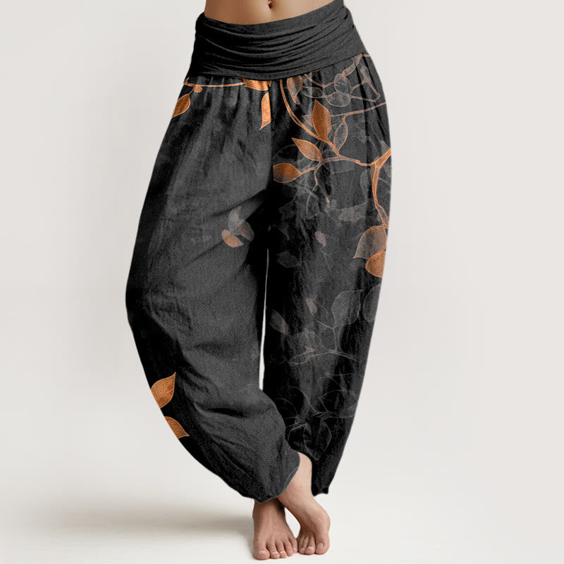 Pantalon harem pour femme en pur coton à motif de feuilles aux couleurs douces, avec taille élastique et motif de Buddha Stones - Noir - US16，UK/AU20，EU48 (3XL) - image 5