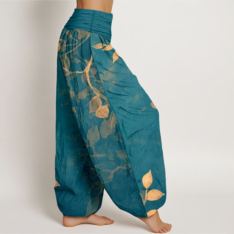 Pantalon harem pour femme en pur coton à motif de feuilles aux couleurs douces, avec taille élastique et motif de Buddha Stones - image 10