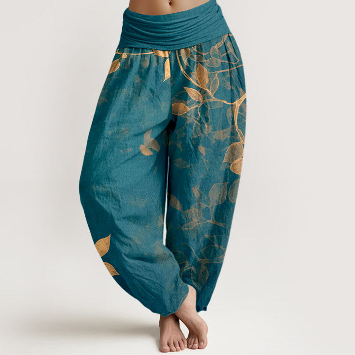 Pantalon harem pour femme en pur coton à motif de feuilles aux couleurs douces, avec taille élastique et motif de Buddha Stones - Sarcelle - US16，UK/AU20，EU48 (3XL) - image 8