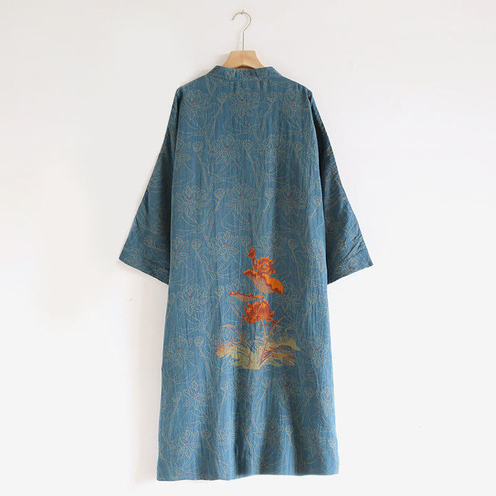 Robe midi en coton à manches longues, ornée de fleurs jacquard et de Buddha Stones, avec col montant à boutons brandebourg. - image 1