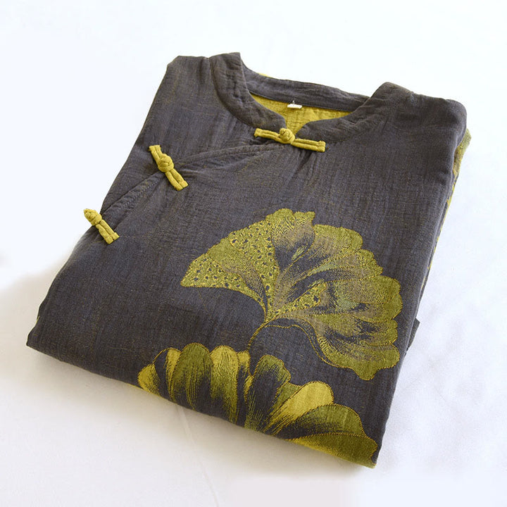 Robe midi en coton à manches longues, ornée de fleurs jacquard et de Buddha Stones, avec col montant à boutons brandebourg. - image 12