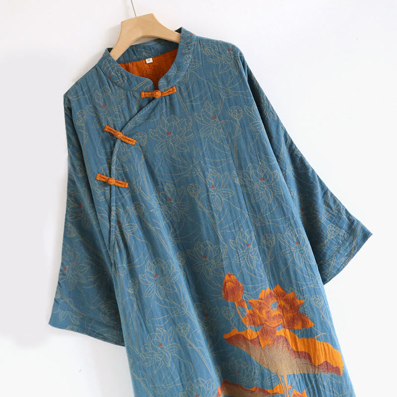 Robe midi en coton à manches longues, ornée de fleurs jacquard et de Buddha Stones, avec col montant à boutons brandebourg. - image 3