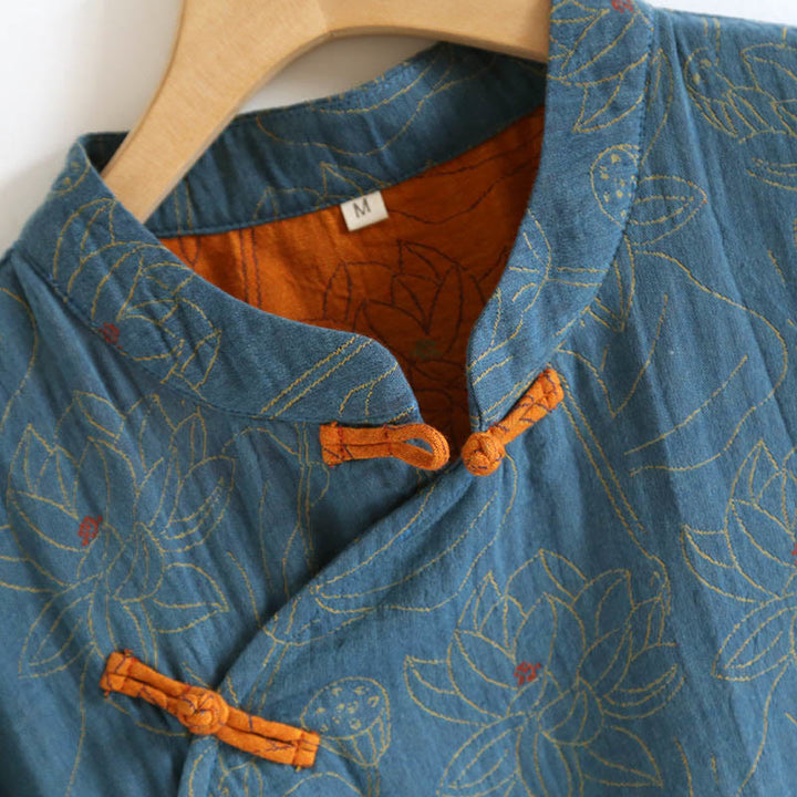 Robe midi en coton à manches longues, ornée de fleurs jacquard et de Buddha Stones, avec col montant à boutons brandebourg. - image 5