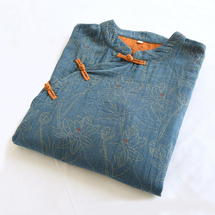 Robe midi en coton à manches longues, ornée de fleurs jacquard et de Buddha Stones, avec col montant à boutons brandebourg. - image 2