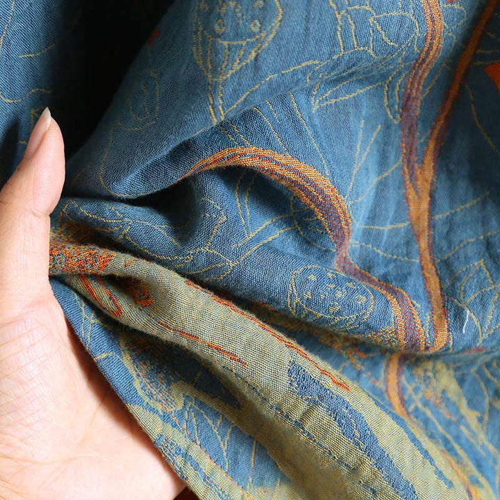 Robe midi en coton à manches longues, ornée de fleurs jacquard et de Buddha Stones, avec col montant à boutons brandebourg. - image 9