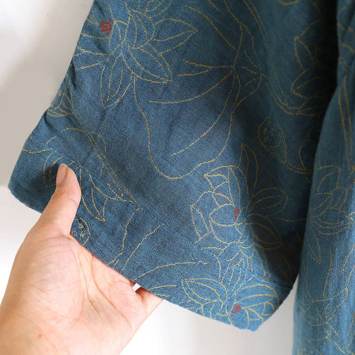 Robe midi en coton à manches longues, ornée de fleurs jacquard et de Buddha Stones, avec col montant à boutons brandebourg. - image 6