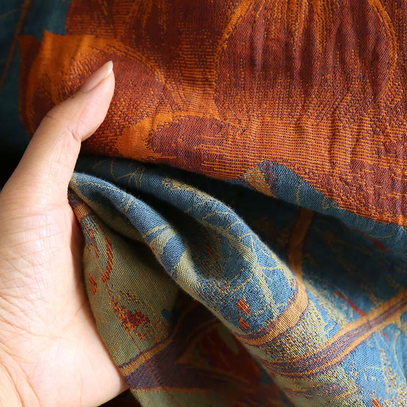 Robe midi en coton à manches longues, ornée de fleurs jacquard et de Buddha Stones, avec col montant à boutons brandebourg. - image 8