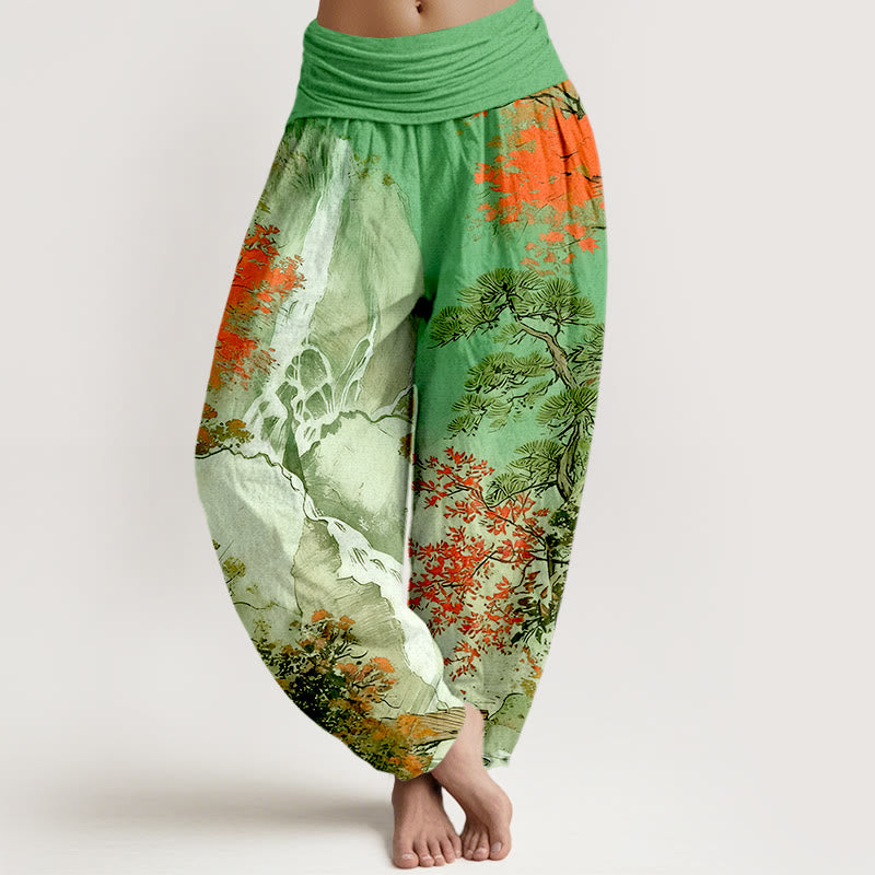 Pantalon harem pour femme, taille élastique, en pur coton, motif paysage et arbres, couleurs coordonnées, avec Buddha Stones - Vert citron - US16，UK/AU20，EU48 (3XL) - image 0
