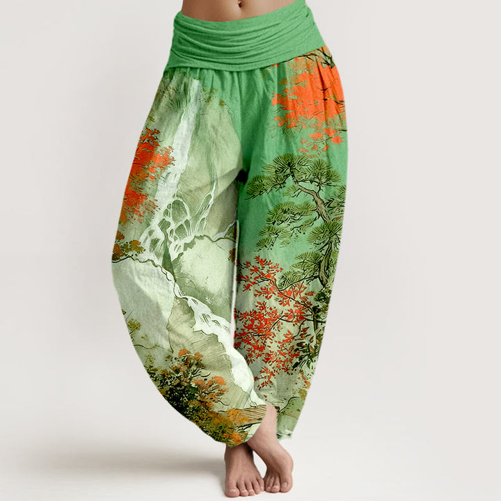 Pantalon harem pour femme, taille élastique, en pur coton, motif paysage et arbres, couleurs coordonnées, avec Buddha Stones - Vert citron - US16，UK/AU20，EU48 (3XL) - image 0