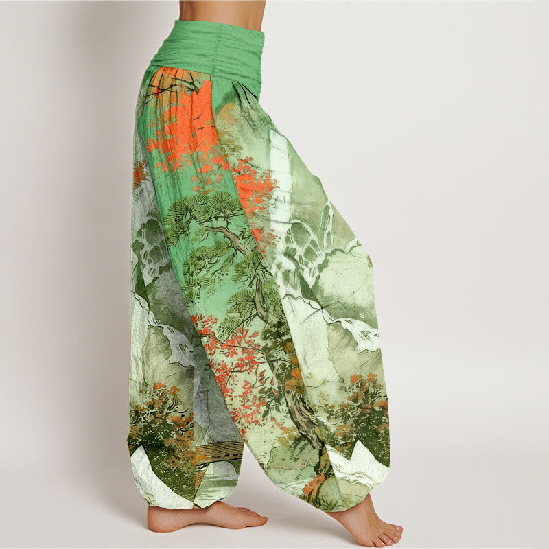 Pantalon harem pour femme, taille élastique, en pur coton, motif paysage et arbres, couleurs coordonnées, avec Buddha Stones - image 1