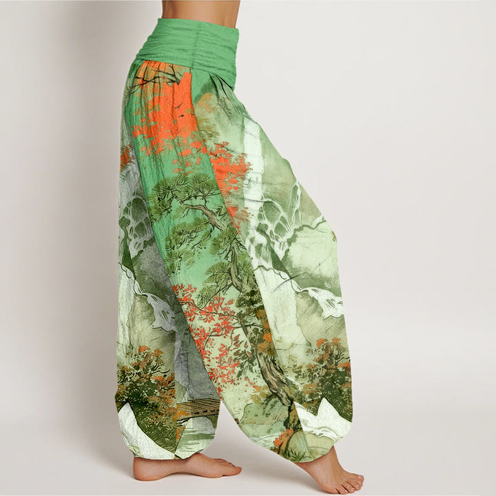 Pantalon harem pour femme, taille élastique, en pur coton, motif paysage et arbres, couleurs coordonnées, avec Buddha Stones - image 1