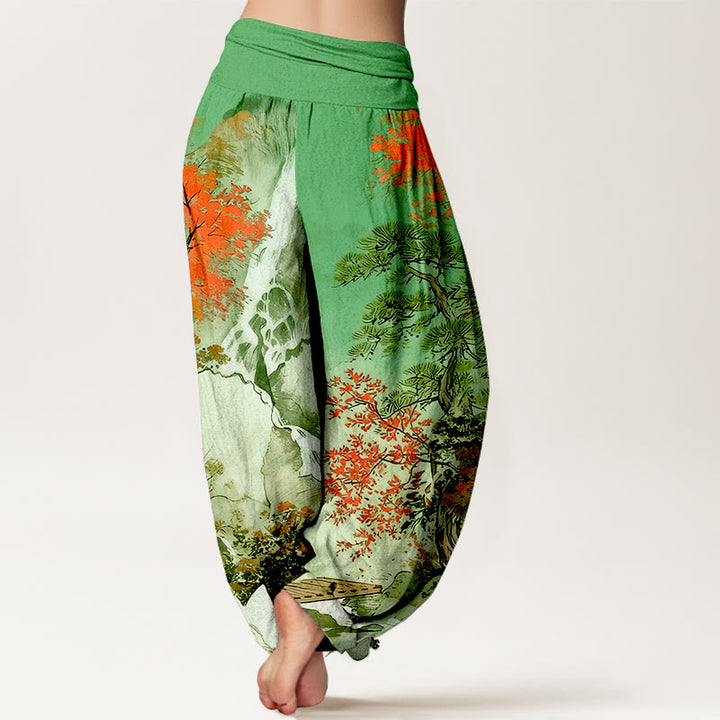 Pantalon harem pour femme, taille élastique, en pur coton, motif paysage et arbres, couleurs coordonnées, avec Buddha Stones - image 2
