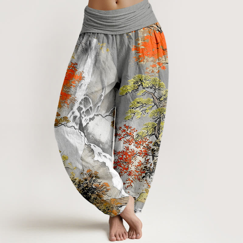 Pantalon harem pour femme, taille élastique, en pur coton, motif paysage et arbres, couleurs coordonnées, avec Buddha Stones - Gris foncé - US16，UK/AU20，EU48 (3XL) - image 5